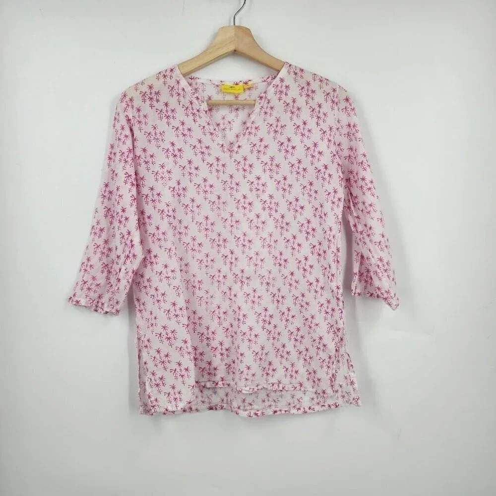 Roberta Roller Rabbit Women's Pink Palm Print Cotton Short Sleeve Shirt Size 10